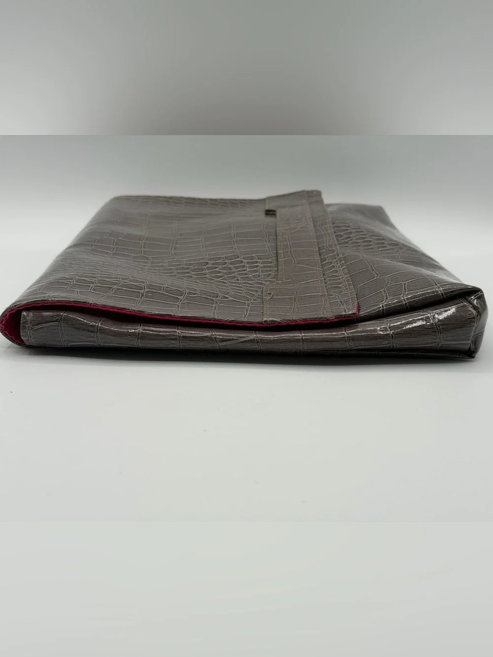 Vince Camuto Faux Gray Snakeskin Oversized Snap Closure Clutch Purse